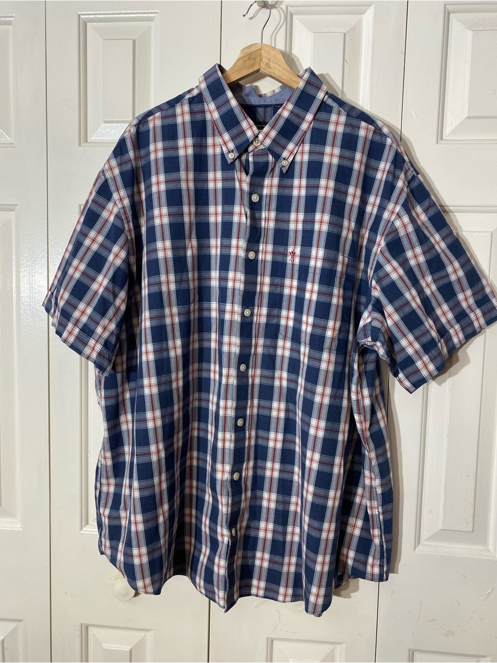 Arrow Navy, White and Red Plaid Short Sleeve Button-Down Shirt